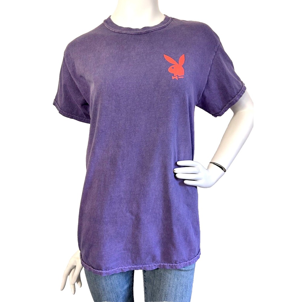Playboy Tee Bunny Logo Front Back Crew Short Sleeve Cotton Purple Size Small